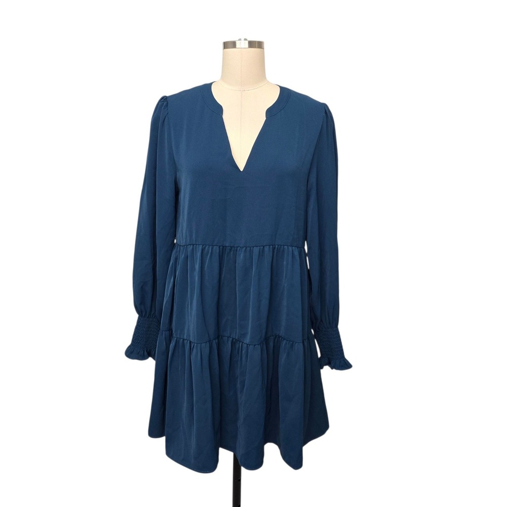 o.p.t Teal Blue Long Sleeve Tiered Babydoll Mini Dress Smocked Cuffs Size Medium